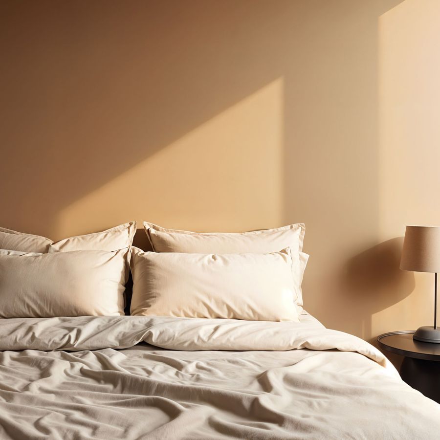 habitación de color beige con cama y almohadas